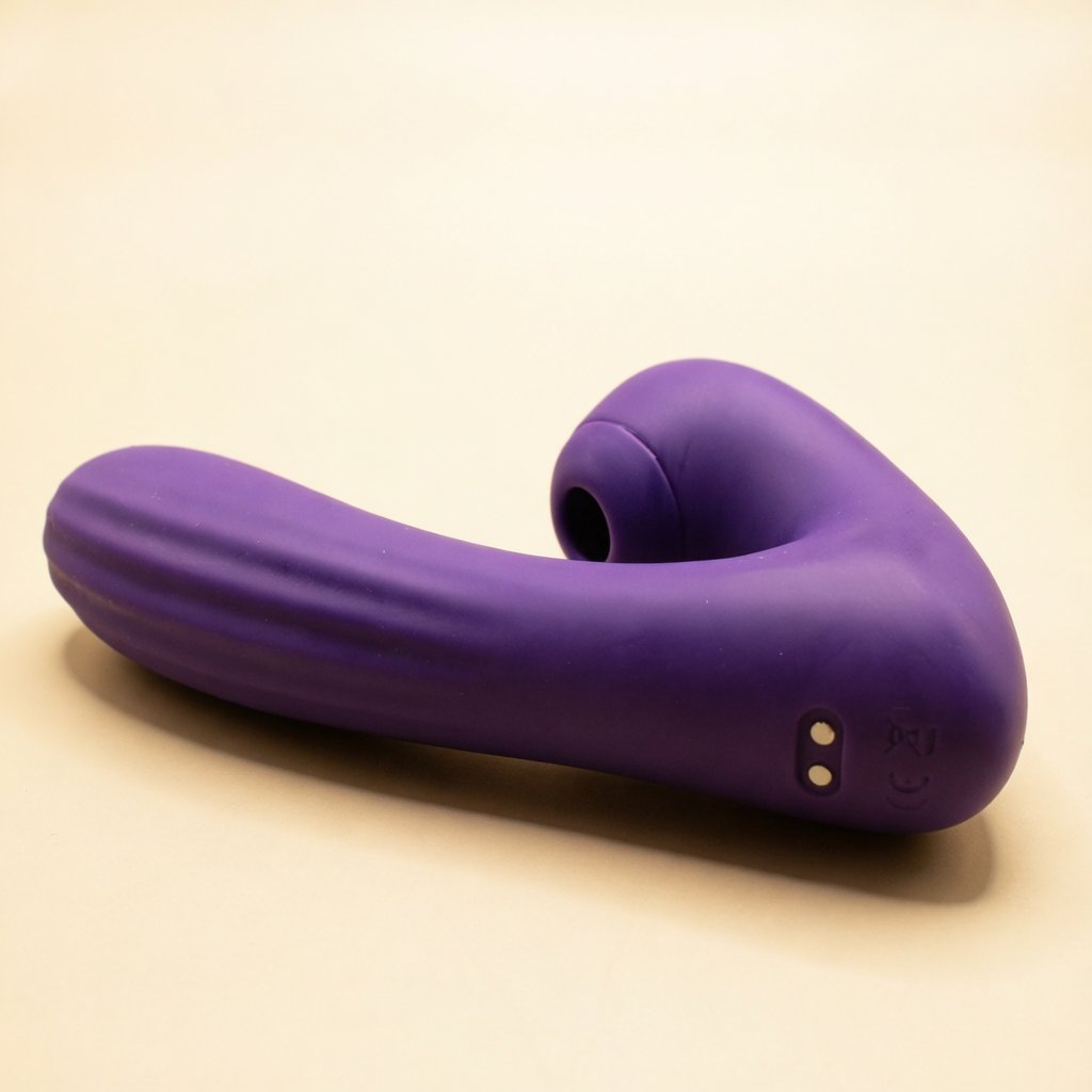 Close view of Sucking Sweet in purple silicone on a cream ground