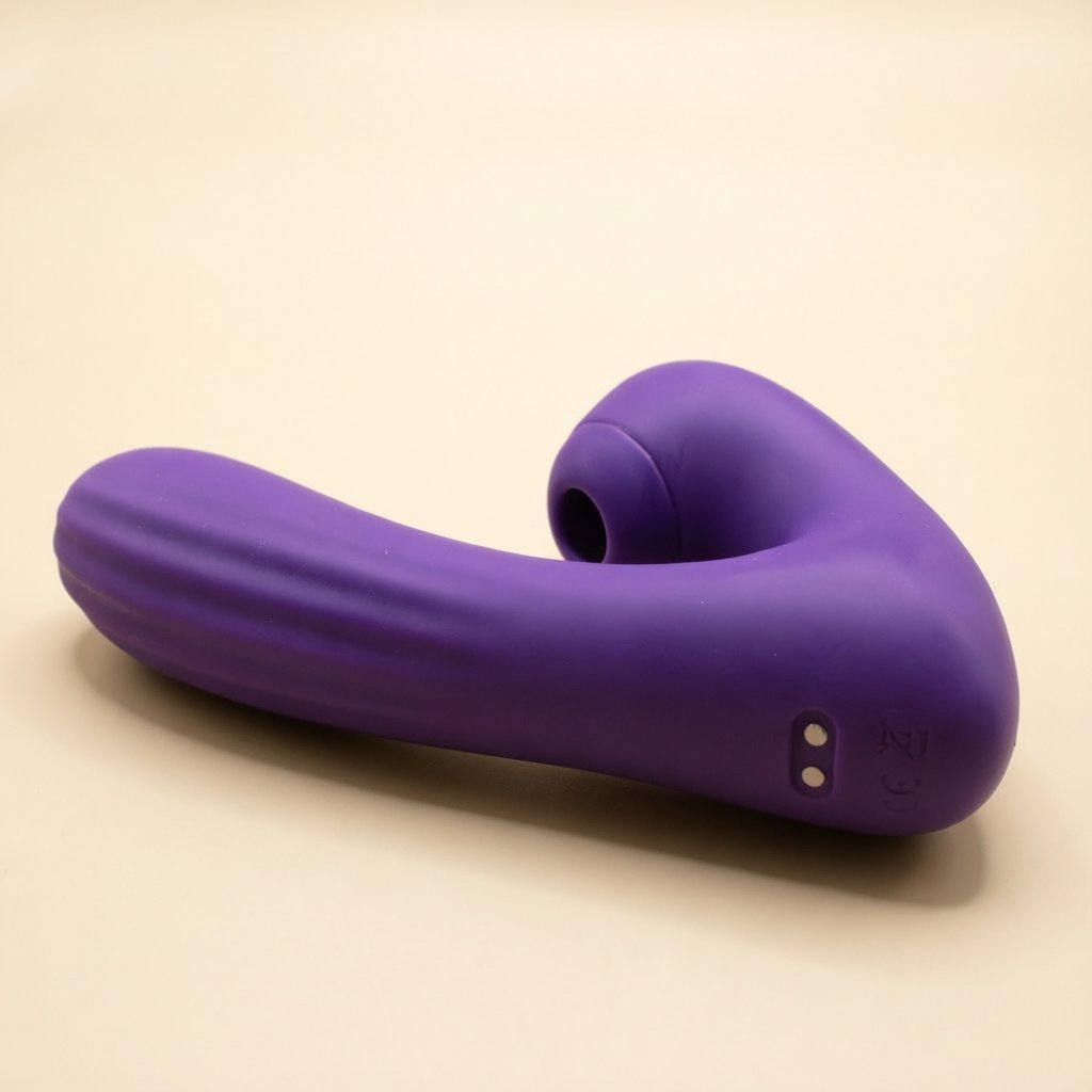 Sucking Sweet in purple silicone lying on its side, suction opening facing up, on a cream ground